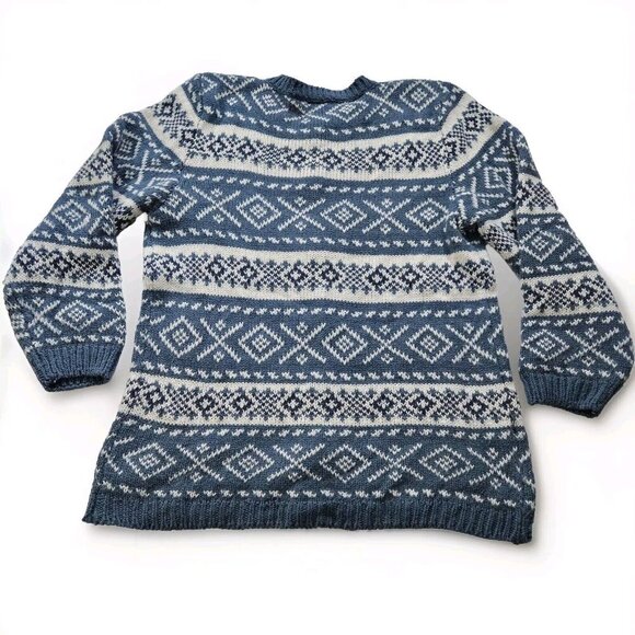 Over Pull Scandinavian Pattern Cardigan Womens L Blue White LS Cottage Lagenlook - Picture 12 of 14